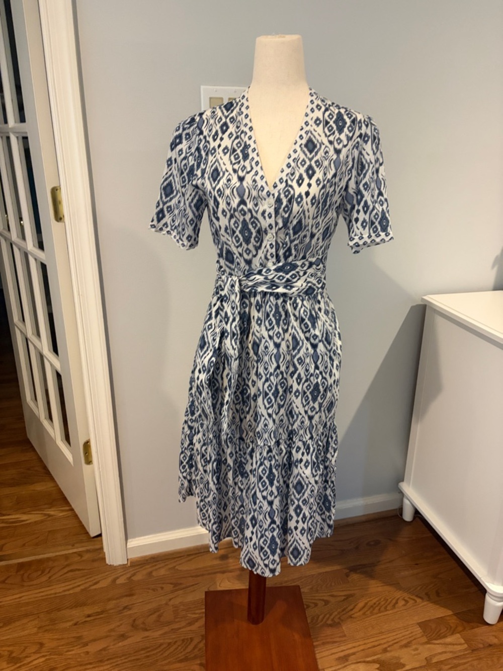 Gerard Darel Navy and White Ikat Wrap Midi Dress